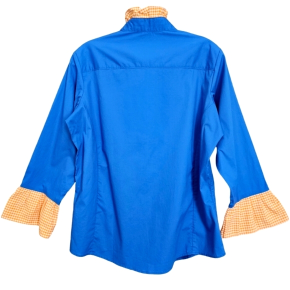 Nwot Pearly Vines Blue Button Down Blouse with Orange Gingham Neck/Sleeves - Picture 4 of 10